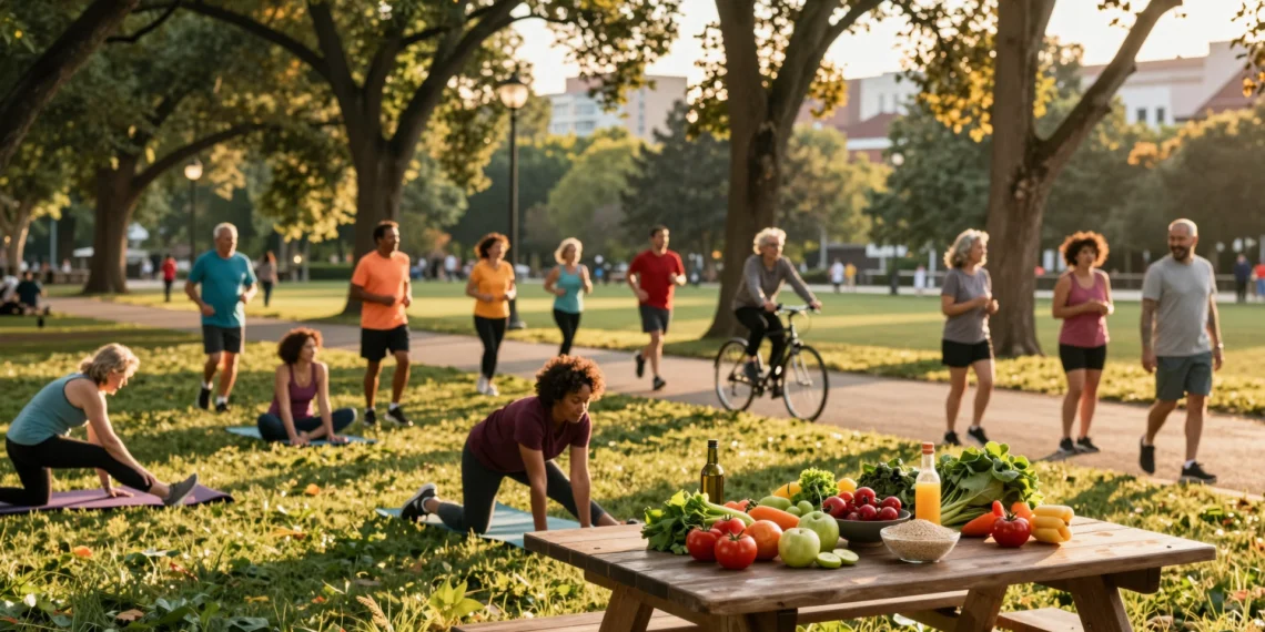 Adoptar estos hábitos de una vida saludable desde hoy puede sumar más de dos décadas a tu esperanza de vida 1 Adultos diversos haciendo ejercicio en parque urbano al atardecer junto a alimentos mediterráneos saludables