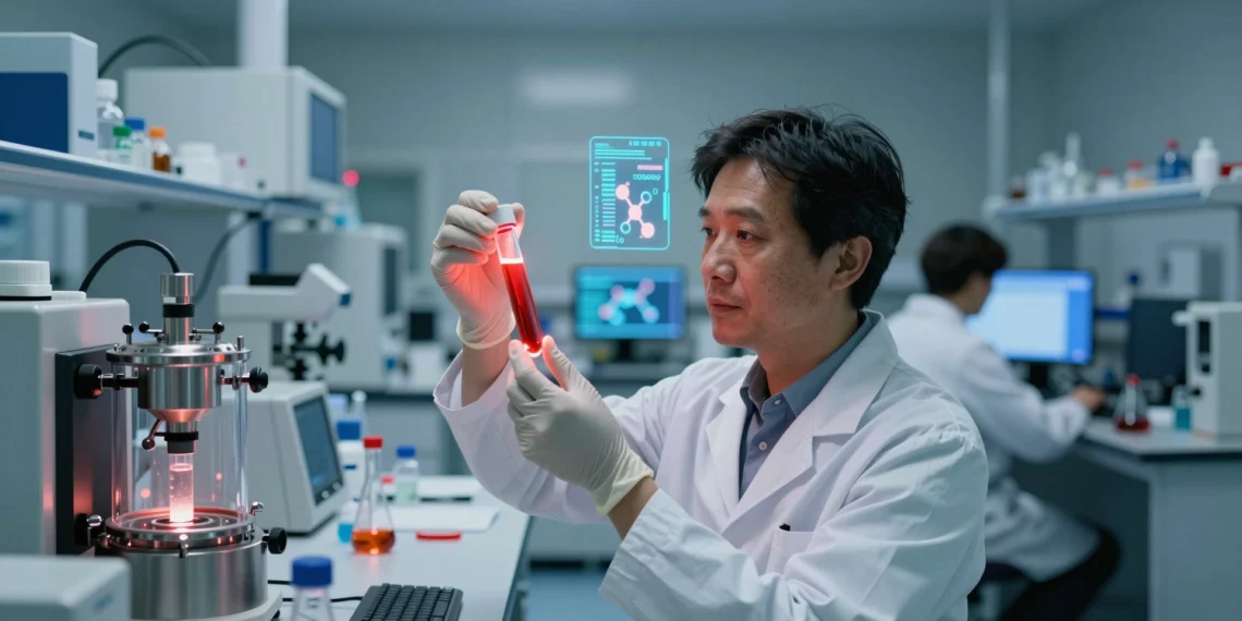 La revolución silenciosa que está cambiando para siempre el tratamiento de las enfermedades: el avance imparable de la biotecnología roja 1 Científico sosteniendo un vial luminiscente rojo en laboratorio biomédico de vanguardia, símbolo de la biotecnología roja
