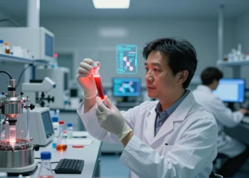 La revolución silenciosa que está cambiando para siempre el tratamiento de las enfermedades: el avance imparable de la biotecnología roja 7 Científico sosteniendo un vial luminiscente rojo en laboratorio biomédico de vanguardia, símbolo de la biotecnología roja