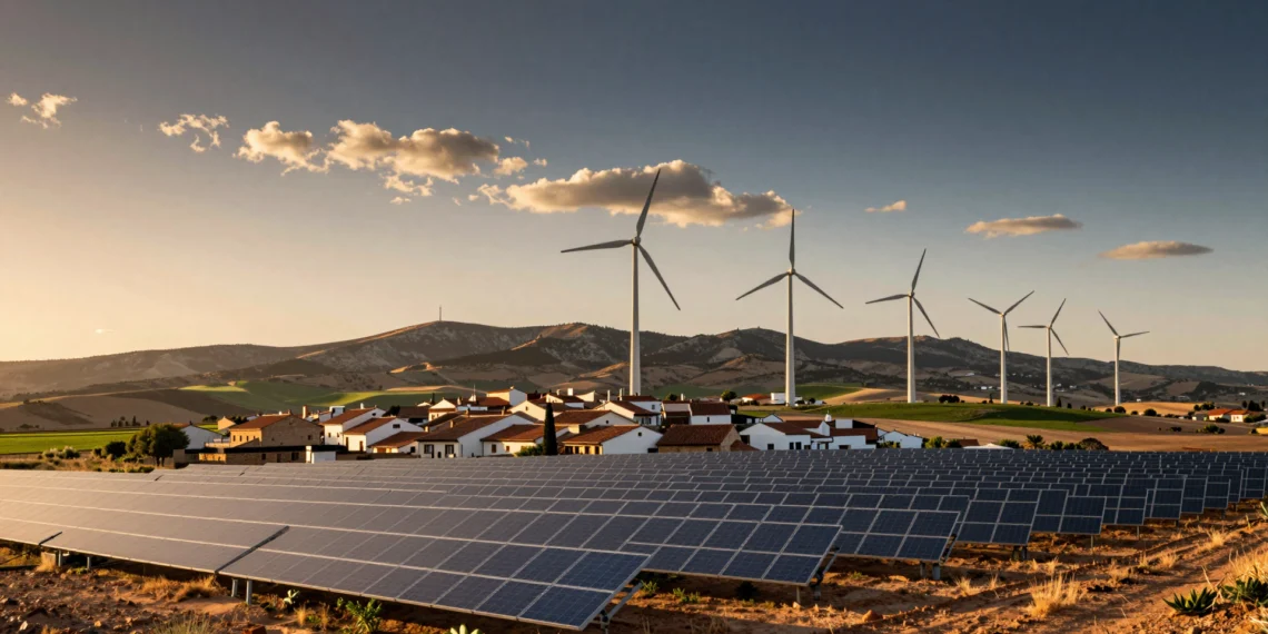 La energía renovable ya no es solo una promesa verde: estas son sus ventajas reales para la economía, la salud y la seguridad energética 1 Paisaje español al atardecer con paneles solares y aerogeneradores junto a un pueblo castellano tradicional