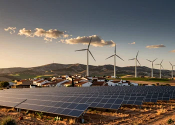 La energía renovable ya no es solo una promesa verde: estas son sus ventajas reales para la economía, la salud y la seguridad energética 1 Paisaje español al atardecer con paneles solares y aerogeneradores junto a un pueblo castellano tradicional