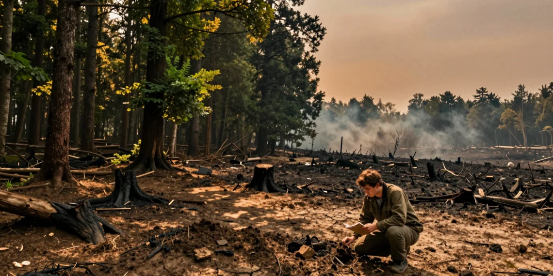 Cambio climático: lo que la mayoría cree saber sobre sus causas y consecuencias no cuenta toda la historia 1 Investigador examina suelo árido junto a bosque frondoso, simbolizando el contraste entre naturaleza y destrucción climática