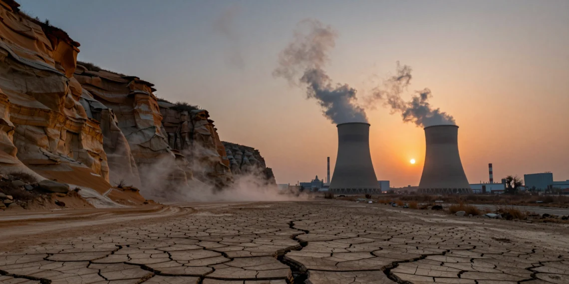 La Tierra ya se calentó antes, pero esta vez el origen del cambio climático no es el mismo 1 Paisaje geológico antiguo junto a chimeneas industriales humeantes, simbolizando el cambio climático natural frente al humano