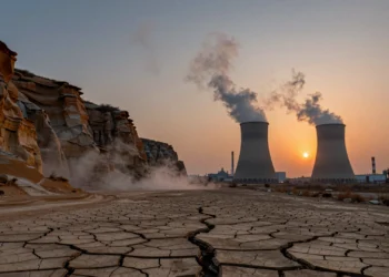 La Tierra ya se calentó antes, pero esta vez el origen del cambio climático no es el mismo 8 Paisaje geológico antiguo junto a chimeneas industriales humeantes, simbolizando el cambio climático natural frente al humano