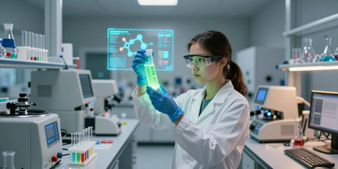 Ingeniería biotecnología: el perfil que combina laboratorio, industria y un mercado de 3,8 billones de dólares 1 Científica joven en bata blanca examina un vial luminiscente verde en laboratorio de biotecnología moderno