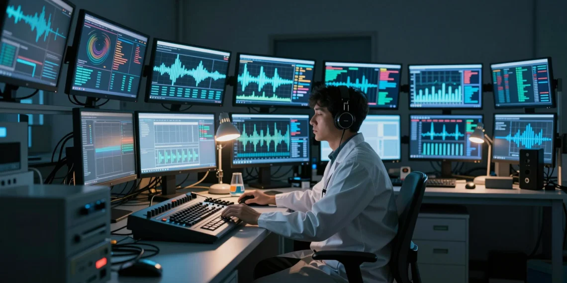 Cuando los datos son demasiado vastos para verlos, los científicos están aprendiendo a escucharlos 1 Científico con auriculares escucha datos en laboratorio nocturno rodeado de monitores con visualizaciones abstractas