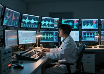Cuando los datos son demasiado vastos para verlos, los científicos están aprendiendo a escucharlos 6 Científico con auriculares escucha datos en laboratorio nocturno rodeado de monitores con visualizaciones abstractas