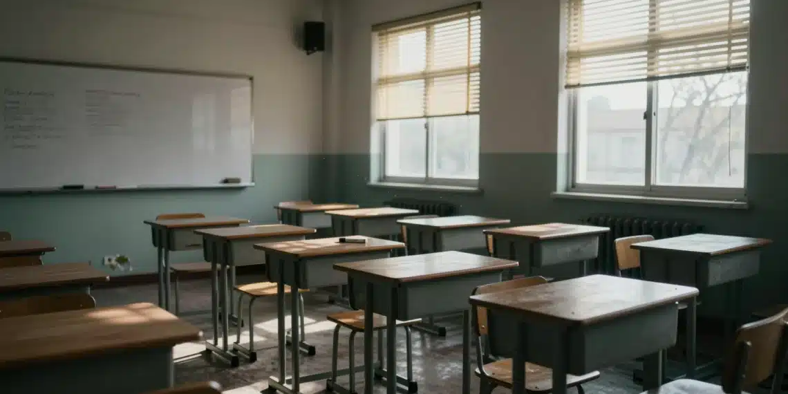 Radón, moho y rotuladores: lo que el aire de las aulas lleva acumulando en silencio durante décadas 1 Aula escolar vacía con polvo suspendido en el aire, manchas de moho en las paredes y un rotulador destapado en un pupitre