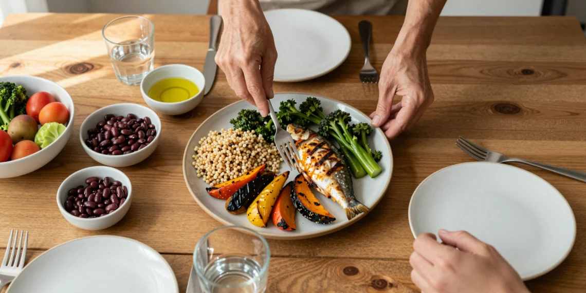 Alimentación saludable y equilibrada: lo que la ciencia dice que realmente necesita tu cuerpo cada día 1 Mujer preparando un plato mediterráneo equilibrado con cereales integrales, verduras asadas y pescado a la plancha