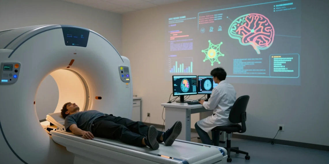 Del laboratorio al marketing: así se expandió el estudio del cerebro hacia territorios que nadie imaginaba 1 Investigador analiza escáneres cerebrales junto a una resonancia magnética con visualizaciones de neuromarketing al fondo