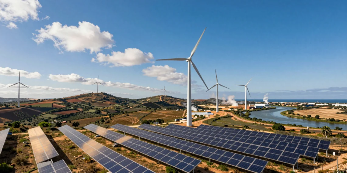 Qué es una fuente de energía renovable y de dónde sale realmente la electricidad limpia 1 Paneles solares, aerogeneradores y río en paisaje del sur de Europa simbolizando las energías renovables