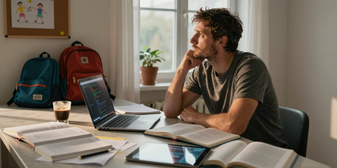Las tres habilidades que la IA no puede sustituir y que decidirán tu futuro profesional 1 Padre reflexivo ante un portátil y libros en cocina al amanecer, simbolizando el futuro profesional humano frente a la IA
