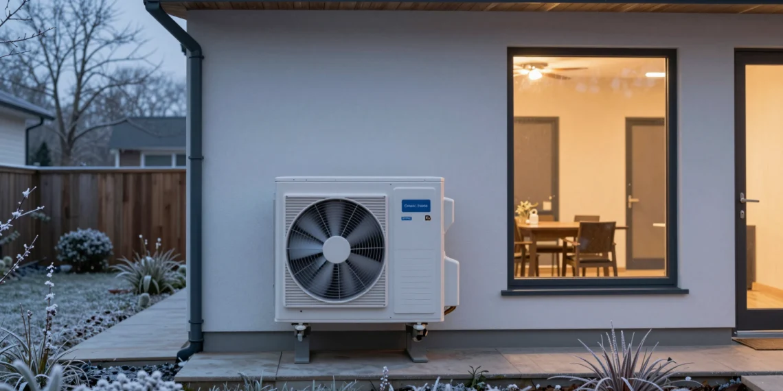Climatizar una vivienda extrayendo energía del aire ya es posible: así funciona la aerotermia 1 Bomba de calor aerotérmica en fachada de casa moderna en invierno con jardín escarchado y luz cálida interior