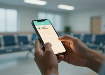 Siete millones de pacientes, una app que fallaba en silencio y la decisión que lo cambió todo antes de que fuera demasiado tarde 5 Manos sosteniendo un smartphone con app de salud en sala de espera hospitalaria, transmitiendo confianza digital en sanidad