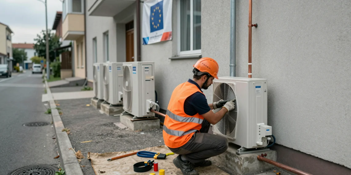 Europa necesita un millón de técnicos para su transición energética y no los encuentra 1 Técnico con casco naranja instala una bomba de calor en fachada europea, con más unidades embaladas esperando en la acera