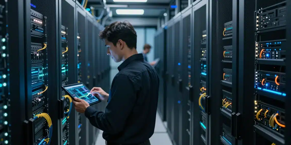 Cuando la IA dejó de ser un experimento: la memoria y el almacenamiento se convierten en el verdadero cuello de botella de las empresas 1 Ingeniero de datos en centro de datos moderno con racks de servidores azules y tablet mostrando flujos de IA