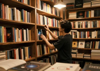 La guía definitiva para elegir un libro de física cuántica sin perderse en el intento 7 Lector en librería independiente eligiendo libros de física cuántica entre estantes de madera llenos de volúmenes científicos