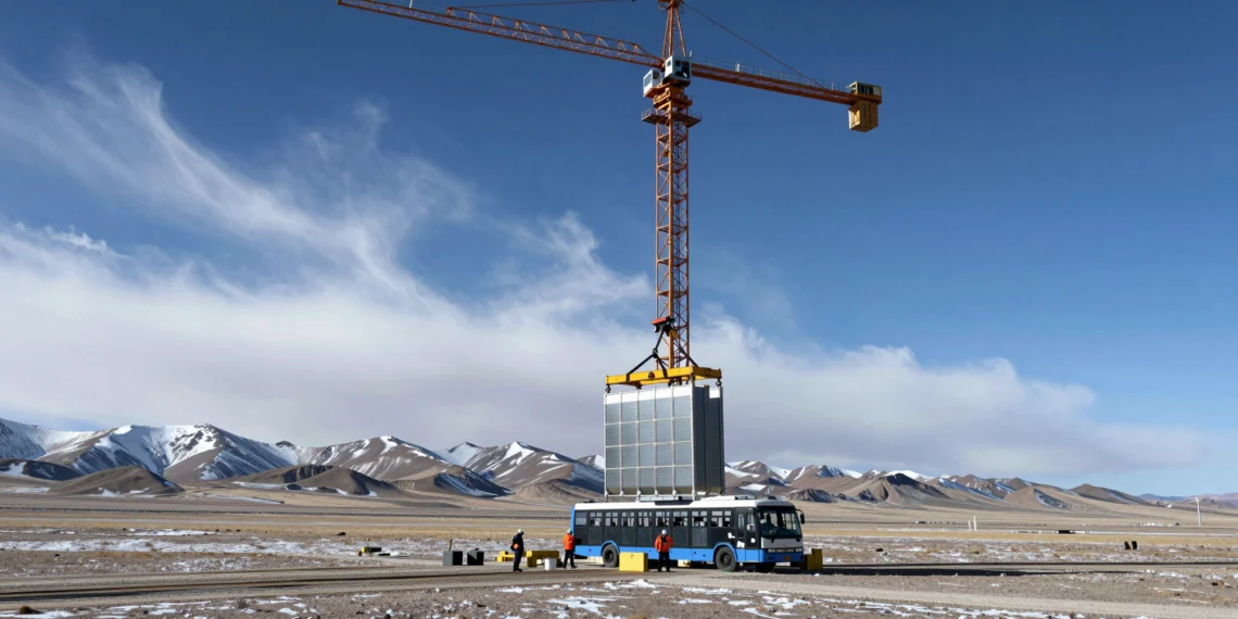 Dieciséis paneles de 15 toneladas izados a 210 metros en el techo del mundo: así avanza la planta termosolar más alta jamás construida 1 Grúa industrial izando un panel receptor de calor en la torre termosolar de 210 metros en la meseta tibetana