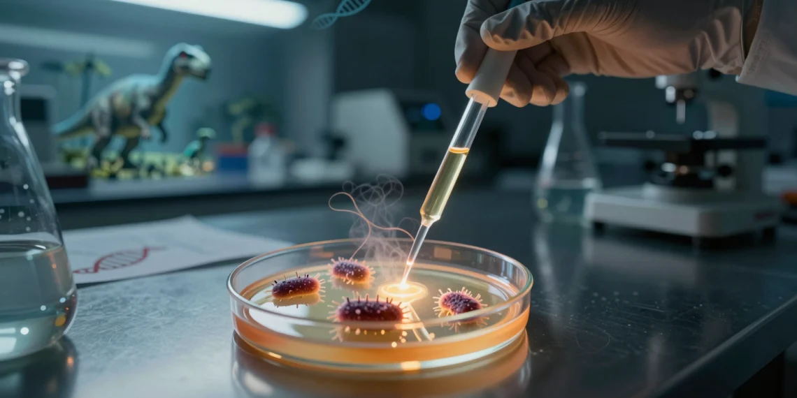 Científicos resucitan defensas inmunitarias de hace 160 millones de años que superan a las humanas contra las superbacterias 1 Científico con guantes sostiene pipeta con proteína antimicrobiana ancestral sobre placa Petri con bacterias en laboratorio