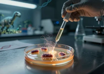 Científicos resucitan defensas inmunitarias de hace 160 millones de años que superan a las humanas contra las superbacterias 3 Científico con guantes sostiene pipeta con proteína antimicrobiana ancestral sobre placa Petri con bacterias en laboratorio