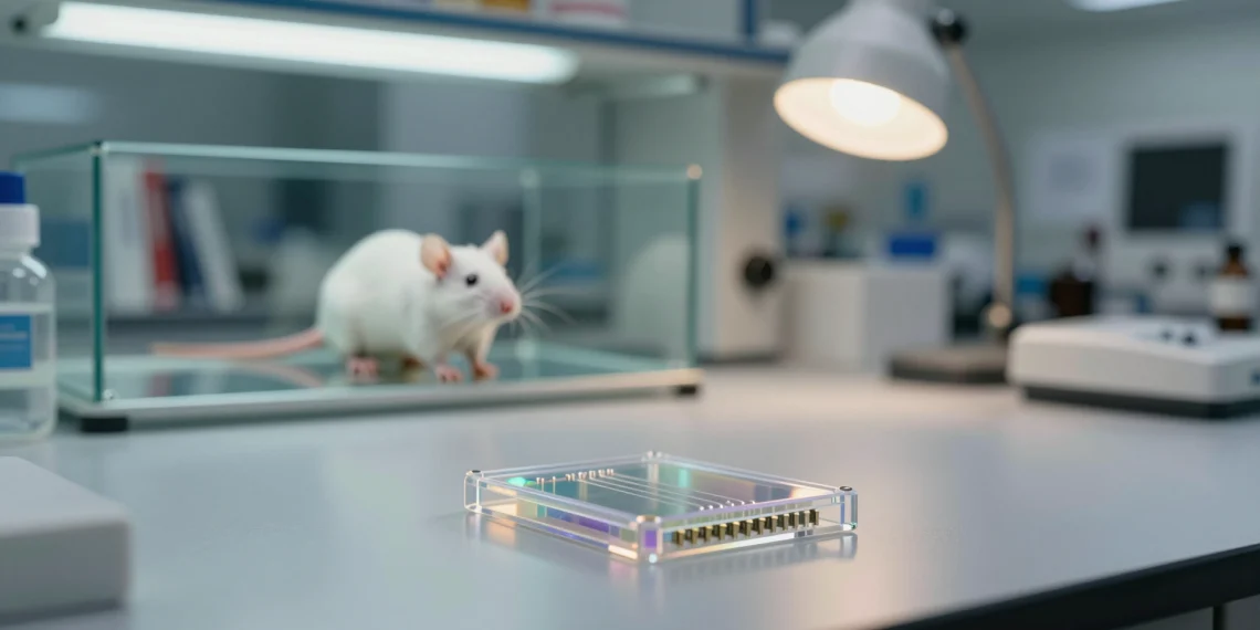 La tecnología que jubilará a los ratones de laboratorio ya está lista, pero la ciencia se resiste a cambiar de hábitos 1 Chip microfluídico sobre mesa de laboratorio con ratón blanco desenfocado en jaula de cristal al fondo