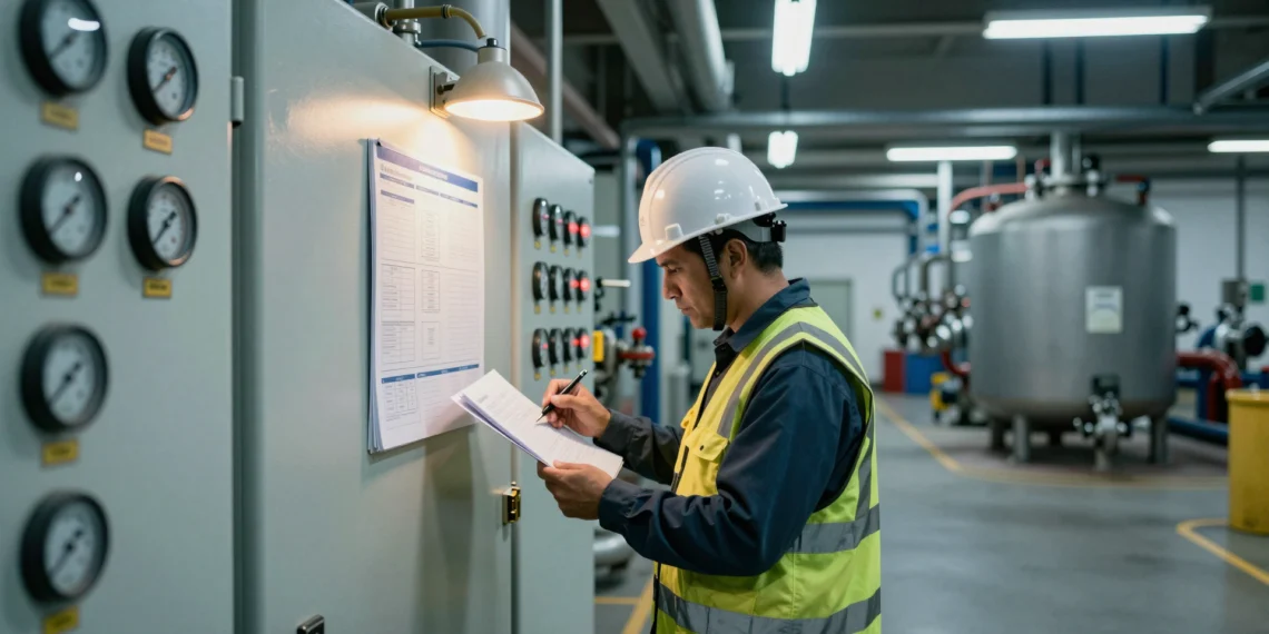 Miles de sistemas de agua potable en EE. UU. se enfrentan a un plazo crítico para renovar sus planes de emergencia antes de 2027 1 Operario de planta municipal de agua potable revisando un plan de emergencia ante paneles de control industriales en EE. UU.
