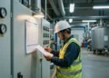 Operario de planta municipal de agua potable revisando un plan de emergencia ante paneles de control industriales en EE. UU.
