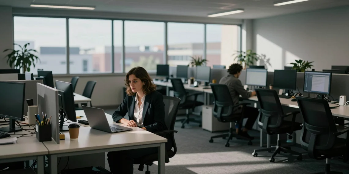 Las bajas por salud mental en el trabajo se disparan un 72% y las empresas empiezan a cambiar las reglas 1 Mujer agotada en oficina moderna vacía, simbolizando el aumento de bajas laborales por salud mental en España