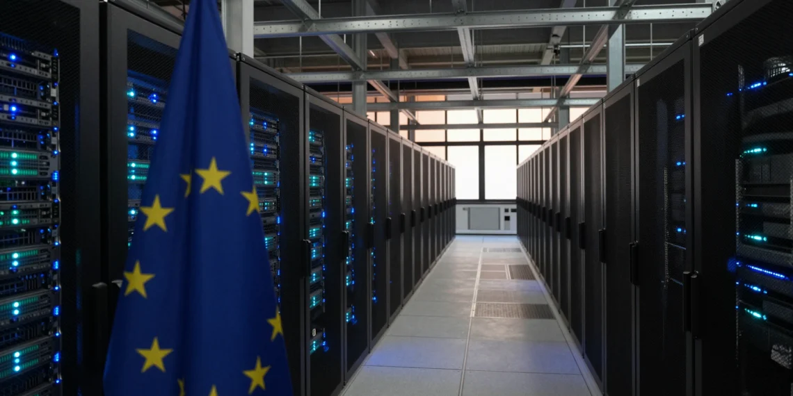 Europa construye su futuro en IA sobre chips que no puede fabricar, y su nueva ley de semiconductores podría profundizar esa dependencia 1 Gran sala de centro de datos europeo con hileras de servidores GPU iluminados en azul y la bandera de la UE en primer plano