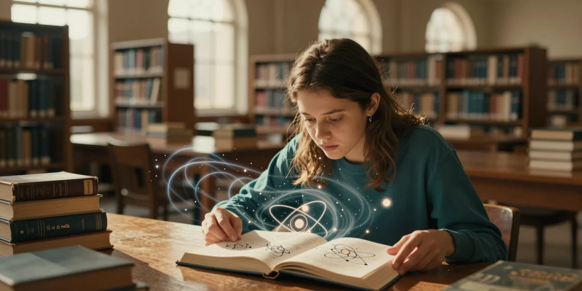 Física cuántica para principiantes: el mundo microscópico que desafía toda intuición 1 Joven estudiando física cuántica en biblioteca universitaria con ondas y partículas cuánticas emergiendo del libro