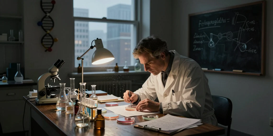 Descubrimientos científicos que reescribieron el destino de la humanidad sin hacer ruido 1 Científico en laboratorio del siglo XX examina placa de Petri bajo lámpara cálida, con modelo de ADN y ecuaciones al fondo