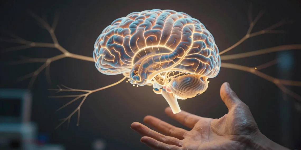 Cerebro humano translúcido con vías neuronales doradas brillantes y manos adultas acercándose en fondo oscuro