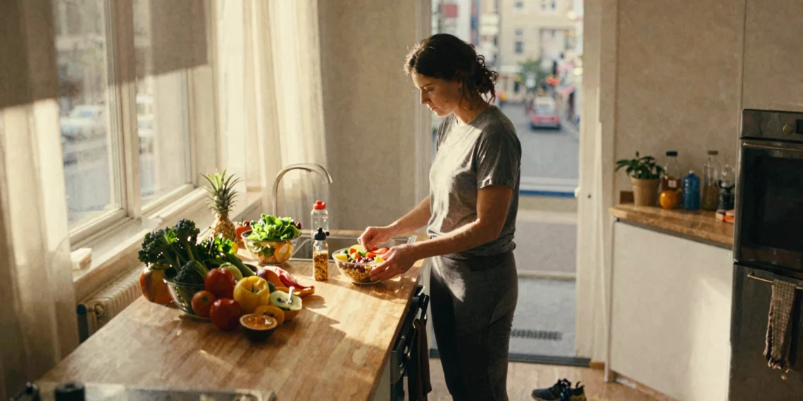Cada vez más personas adoptan hábitos de una vida saludable sumando cambios pequeños 1 Mujer joven preparando un bol saludable con frutas y verduras frescas en una cocina moderna y luminosa por la mañana