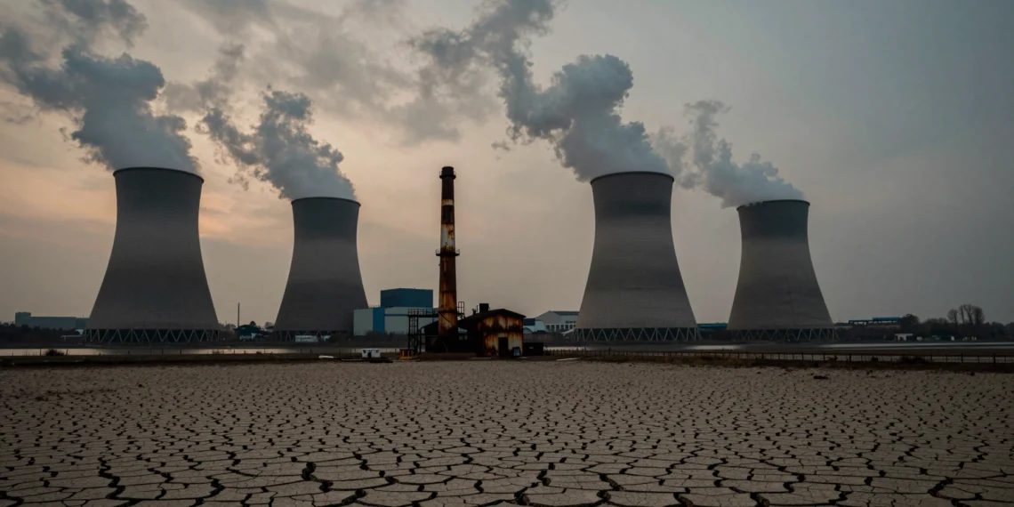 Desde la Revolución Industrial hasta hoy: cómo dos siglos de emisiones están redibujando el clima del planeta 1 Central térmica al atardecer con tierra agrietada en primer plano y valle inundado al fondo, símbolo del cambio climático