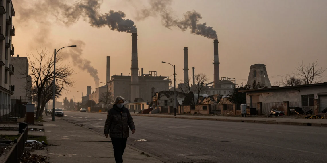 De las hogueras prehistóricas al aire irrespirable: cómo la contaminación se convirtió en la mayor amenaza ambiental para la salud humana 1 Anciana con mascarilla camina bajo cielos contaminados frente a chimeneas industriales humeantes al atardecer
