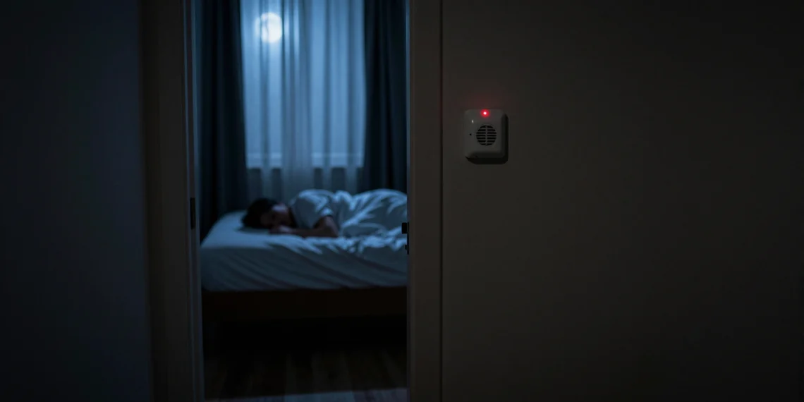 El error silencioso que convierte tu detector de monóxido de carbono en un pisapapeles 1 Detector de monóxido de carbono en la pared de un dormitorio oscuro con luz roja encendida y persona durmiendo al fondo