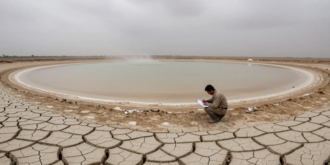 Más de 150 definiciones y ningún acuerdo: lo que la ciencia aún no sabe sobre la sequía 1 Investigador estudiando un embalse casi vacío con tierra agrietada en primer plano bajo un cielo nublado y difuso