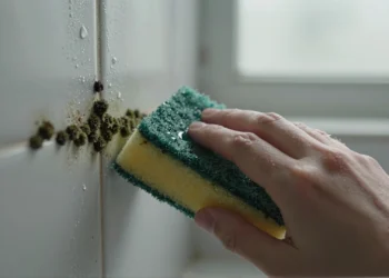 Limpiar el moho de las paredes no resuelve el problema: lo que la mayoría de personas hace mal en casa 3 Mano sosteniendo una esponja desgastada frente a una pared de baño con moho negro en las juntas y pintura desconchada