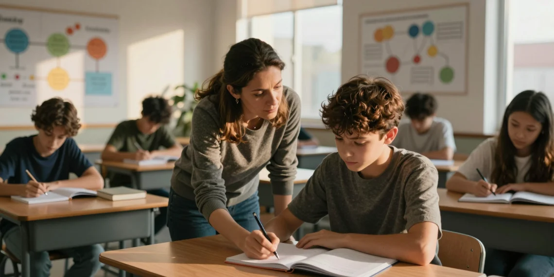 Neurociencia y educación: lo que el cerebro de niños y adolescentes puede hacer cuando los adultos saben cómo acompañarlo 1 Educadora acompañando a un adolescente concentrado en su cuaderno en un aula moderna con luz cálida de tarde