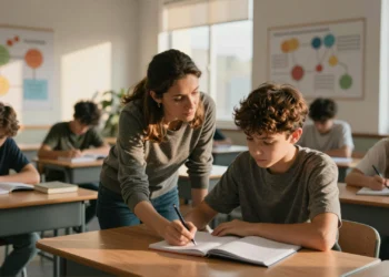 Neurociencia y educación: lo que el cerebro de niños y adolescentes puede hacer cuando los adultos saben cómo acompañarlo 8 Educadora acompañando a un adolescente concentrado en su cuaderno en un aula moderna con luz cálida de tarde