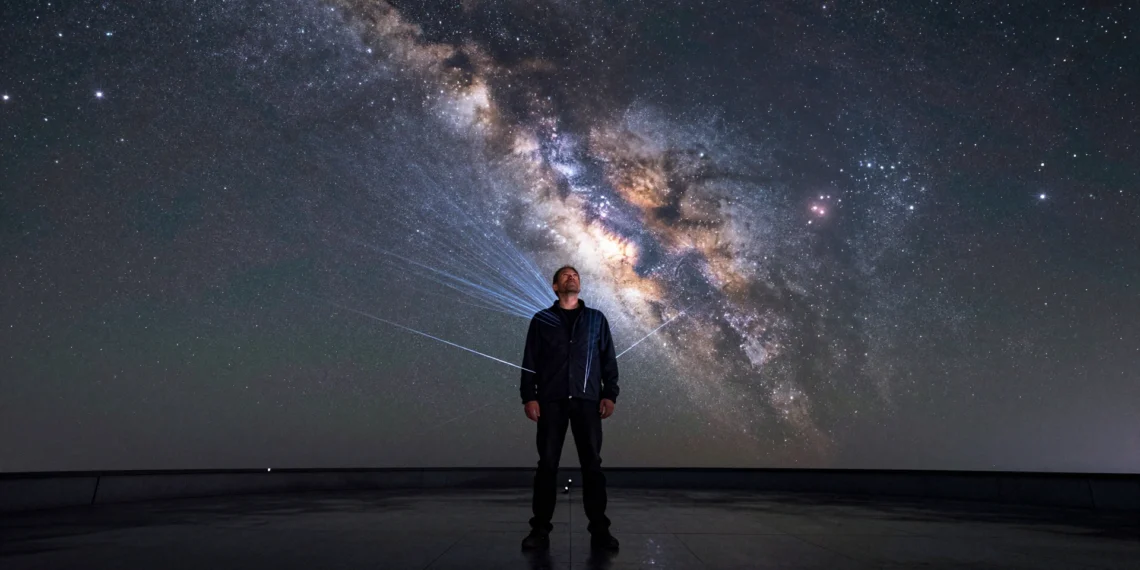 Cada segundo, cien billones de partículas del cosmos atraviesan tu cuerpo sin que lo notes 1 Hombre de mediana edad bajo un cielo estrellado con partículas cósmicas atravesando su cuerpo como hilos de luz azul