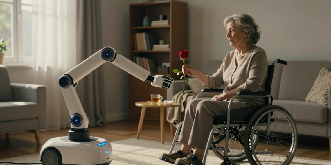 Robot asistencial con brazo articulado ofrece una rosa roja a una mujer en silla de ruedas en un salón doméstico cálido