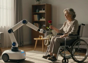 De los humanoides del MIT a un robot que entrega una rosa: la robótica asistencial ya no es un vídeo de demostración 6 Robot asistencial con brazo articulado ofrece una rosa roja a una mujer en silla de ruedas en un salón doméstico cálido
