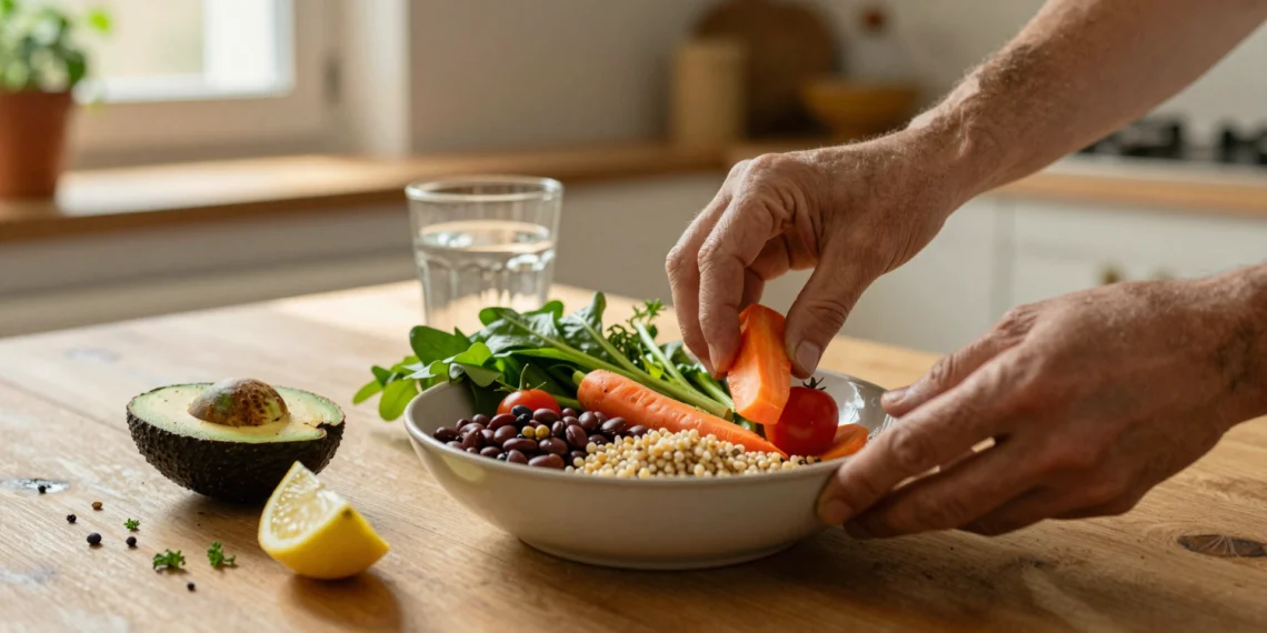 Pequeños cambios en tu plato que transforman tu salud sin que te des cuenta 1 Manos preparando un bol nutritivo con verduras frescas, cereales integrales y legumbres sobre una mesa de madera rústica