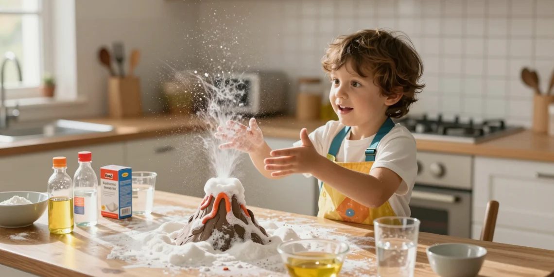 Experimentos científicos que convierten la cocina en un laboratorio para niños curiosos 1 Niño con delantal colorido observando una erupción de espuma en un volcán casero sobre la encimera de una cocina iluminada