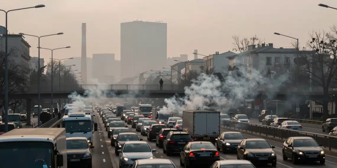 Más de 311.000 muertes prematuras en la UE: la contaminación ya no tiene umbrales seguros 1 Autopista urbana europea congestionada al amanecer con smog denso y silueta de peatón en un puente