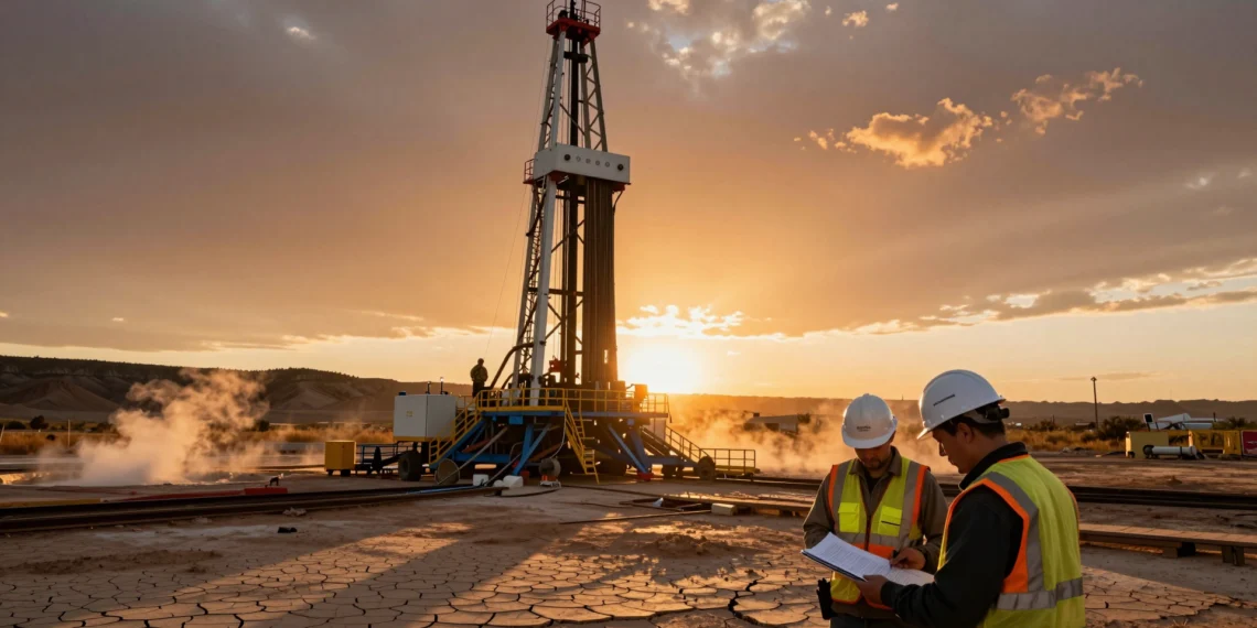 Estados Unidos inyecta 99 millones de dólares para extraer energía del calor oculto bajo su suelo 1 Torre de perforación geotérmica en paisaje árido de EE. UU. con ingenieros revisando planos al atardecer