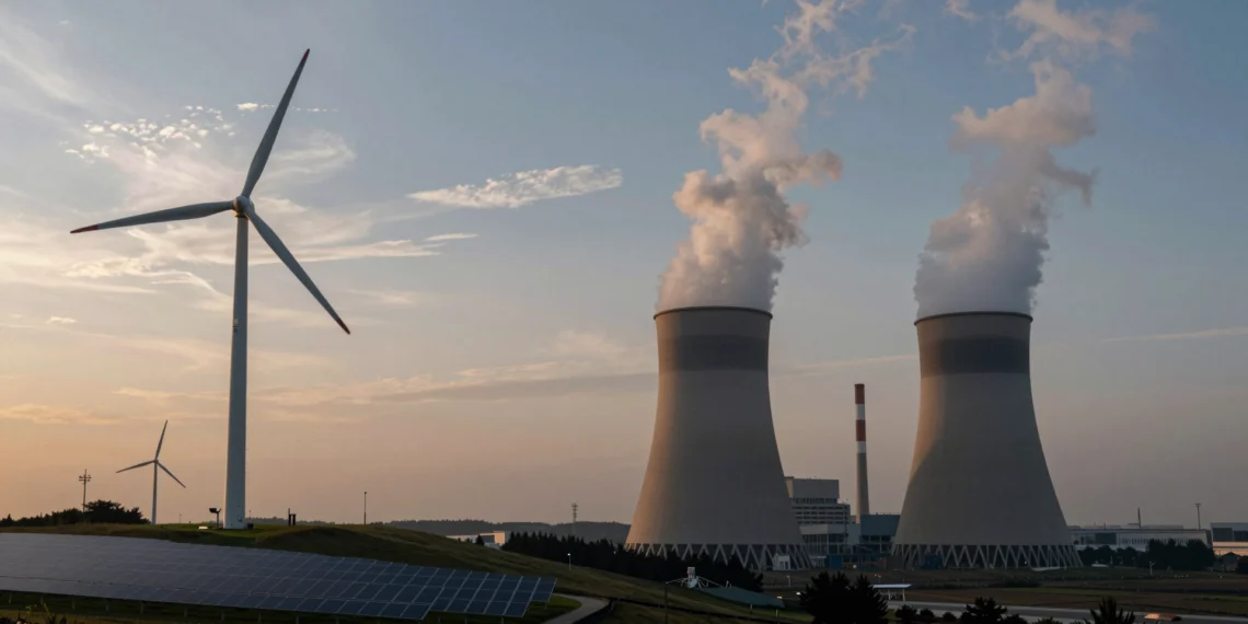 Europa impulsa la transición energética más rápida de su historia, pero el consumo mundial de carbón bate récords 1 Contraste entre parque eólico europeo con turbinas y paneles solares y central eléctrica de carbón con humo gris