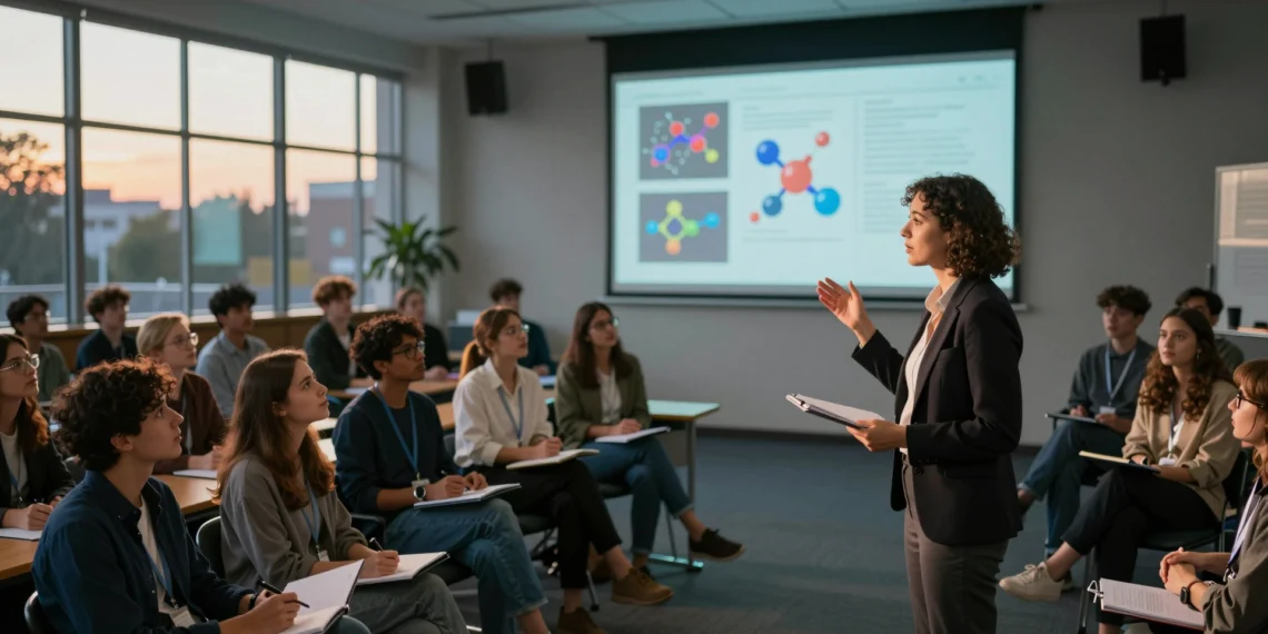 Cómo la divulgación científica dejó de ser un pasatiempo y se convirtió en una profesión que transforma la sociedad 1 Divulgadora científica en un podio universitario explicando conceptos ante un público diverso de jóvenes y académicos