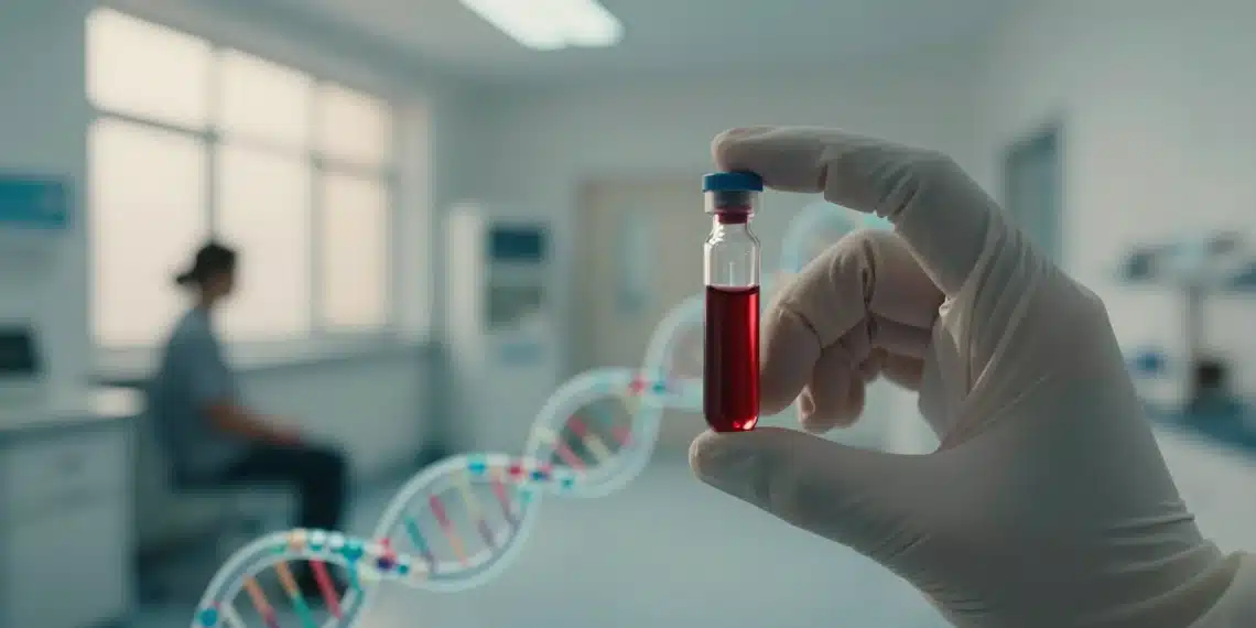Del laboratorio a la sangre: el ARN se convierte en una ventana inesperada para detectar tumores y enfermedades sin necesidad de cirugía 1 Mano enguantada sostiene un vial de sangre en laboratorio médico para detectar tumores mediante ARN sin cirugía